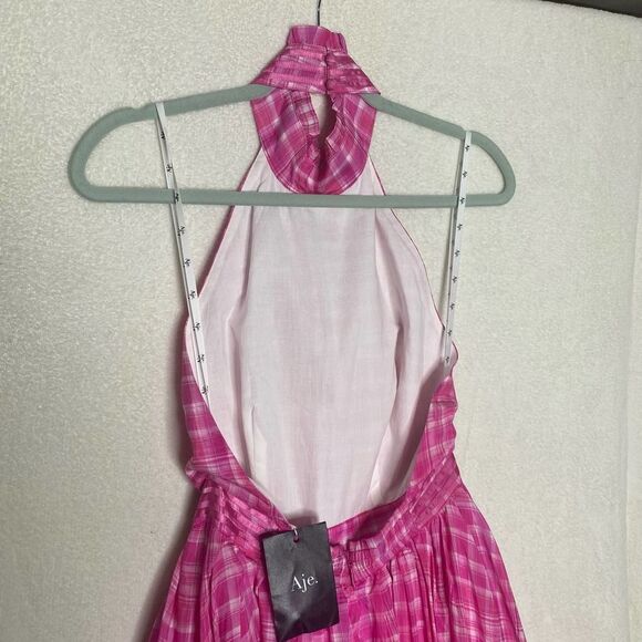 Aje Bungalow Sienna Halter Open Back Tiered Slit Maxi Dress Pink Size 8 Barbie - Picture 11 of 16